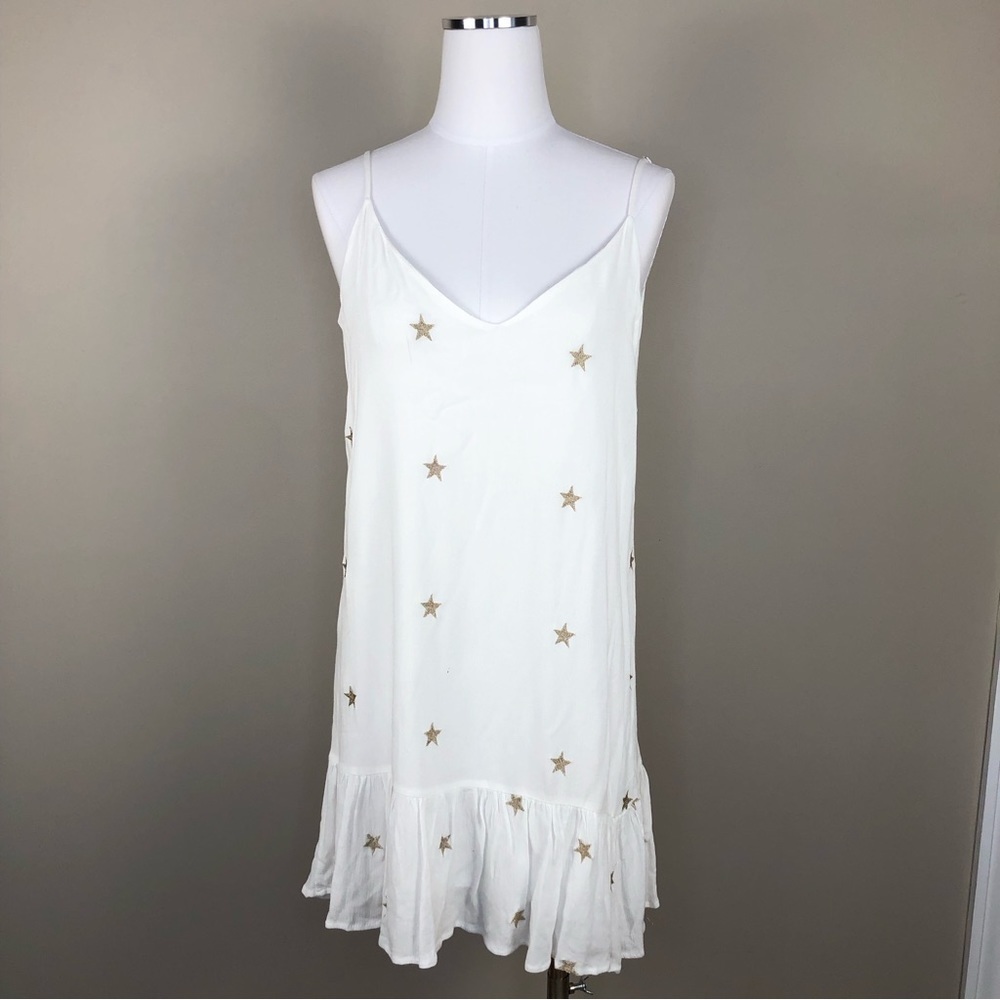 White gauzy rayon mini sun dress gold metallic stars ruffled hem NWT S